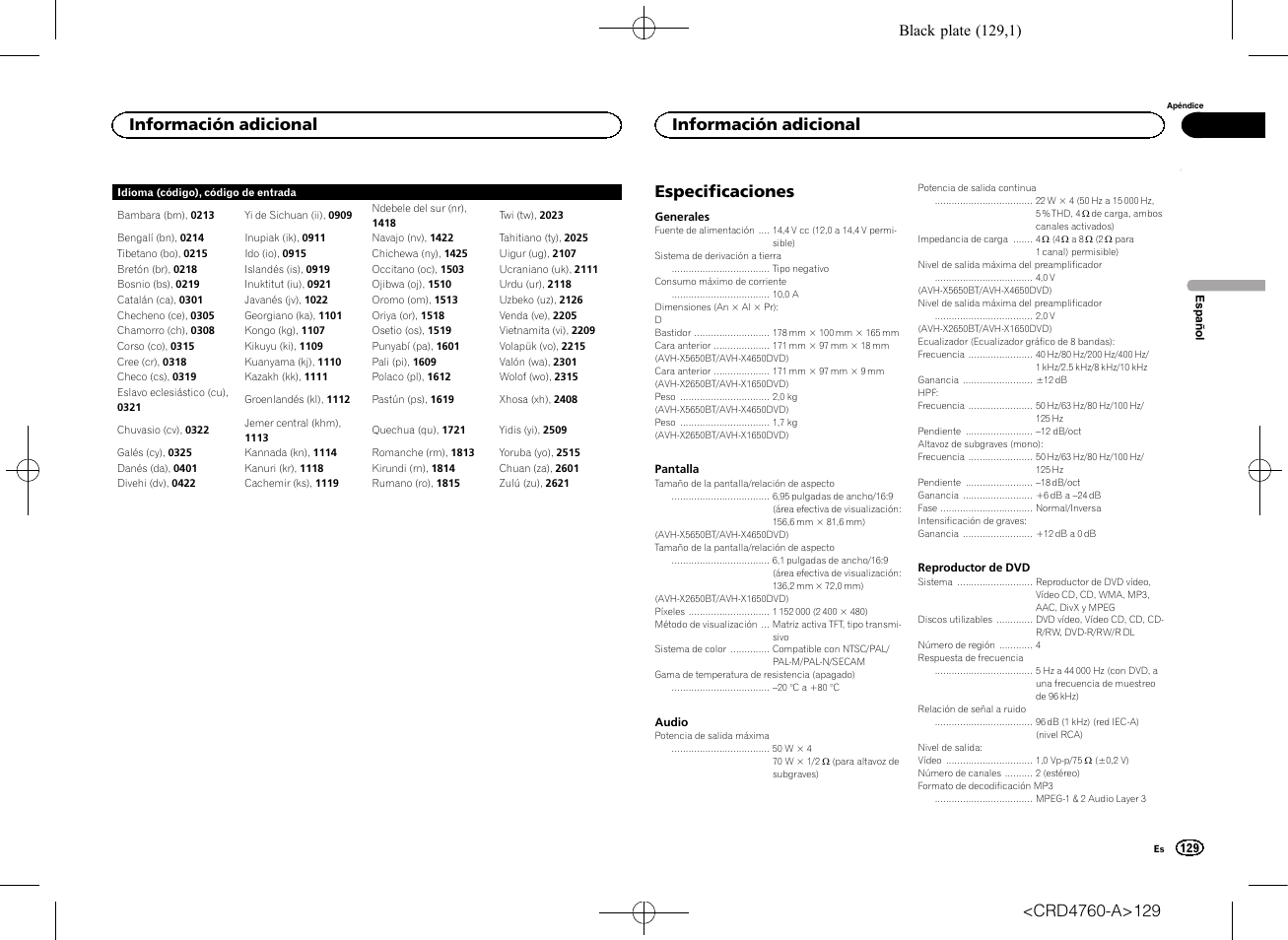 Especificaciones, Información adicional | Pioneer AVH-X2650BT User Manual | Page 129 / 200