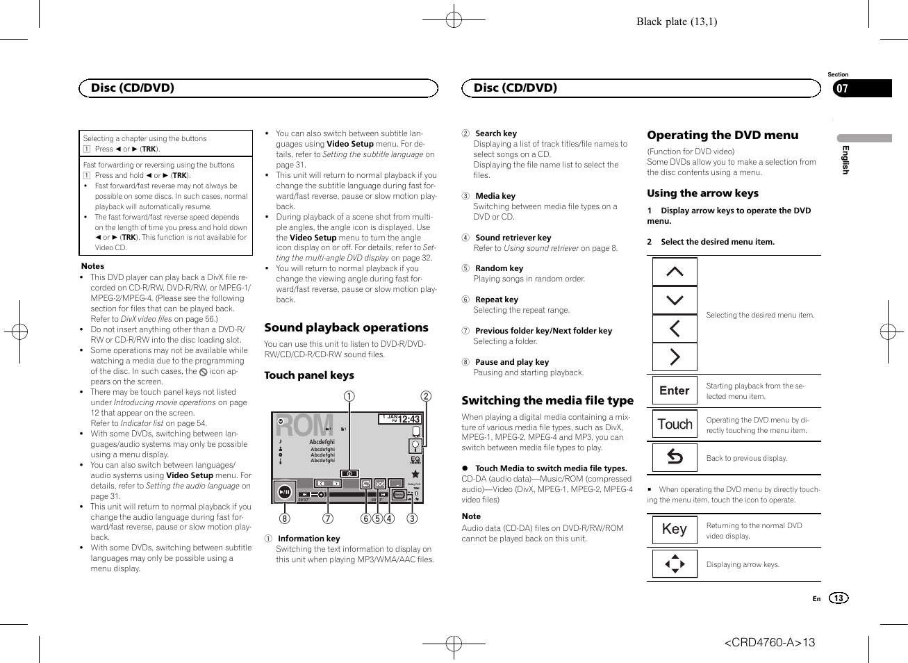 Sound playback operations, Switching the media file type, Operating the dvd menu | Disc (cd/dvd) | Pioneer AVH-X2650BT User Manual | Page 13 / 200