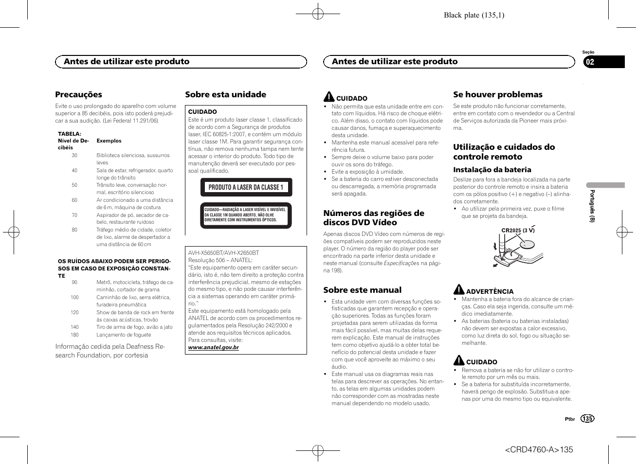 Antes de utilizar este produto precauções, Sobre esta unidade, Números das regiões de discos dvd | Vídeo, Sobre este manual, Se houver problemas, Utilização e cuidados do controle, Remoto | Pioneer AVH-X2650BT User Manual | Page 135 / 200