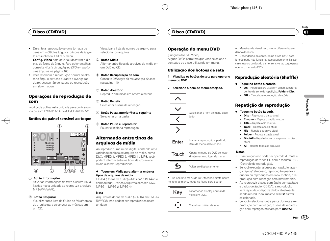 Operações de reprodução de som, Alternando entre tipos de arquivos de, Mídia | Operação do menu dvd, Reprodução aleatória (shuffle), Repetição da reprodução, Alternando entre tipos de arquivos de mídia, Disco (cd/dvd) | Pioneer AVH-X2650BT User Manual | Page 145 / 200