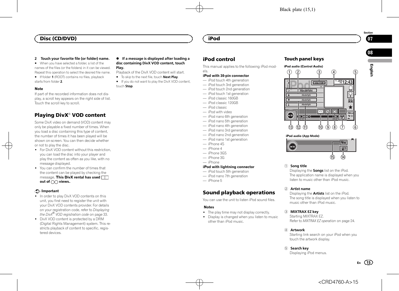 Playing divx, Â vod content, Ipod ipod control | Sound playback operations, Ipod, Vod content, Ipod control, Disc (cd/dvd) | Pioneer AVH-X2650BT User Manual | Page 15 / 200