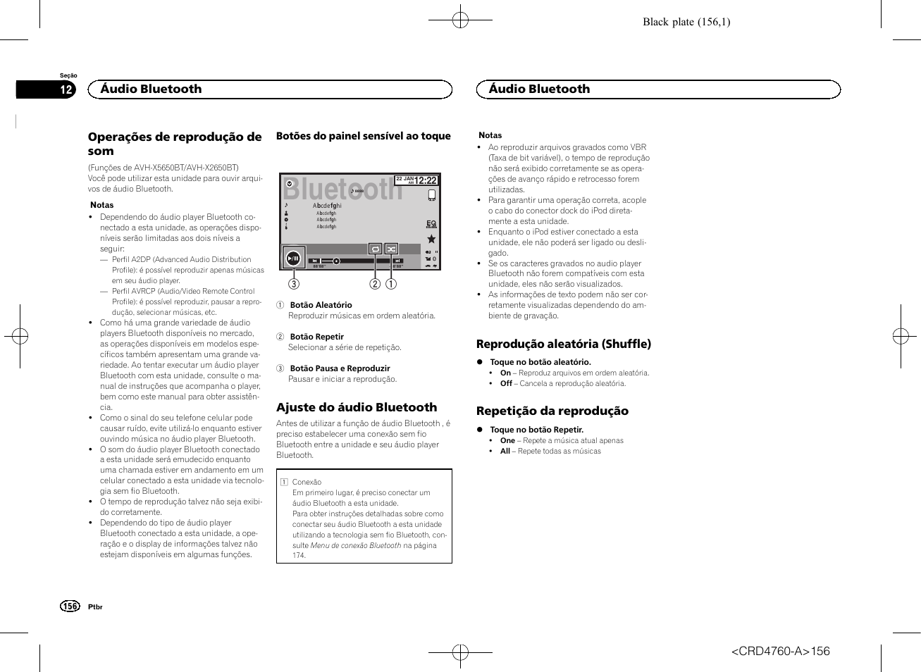 Áudio bluetooth operações de reprodução de som, Ajuste do áudio bluetooth, Reprodução aleatória (shuffle) | Repetição da reprodução, Bluetooth | Pioneer AVH-X2650BT User Manual | Page 156 / 200