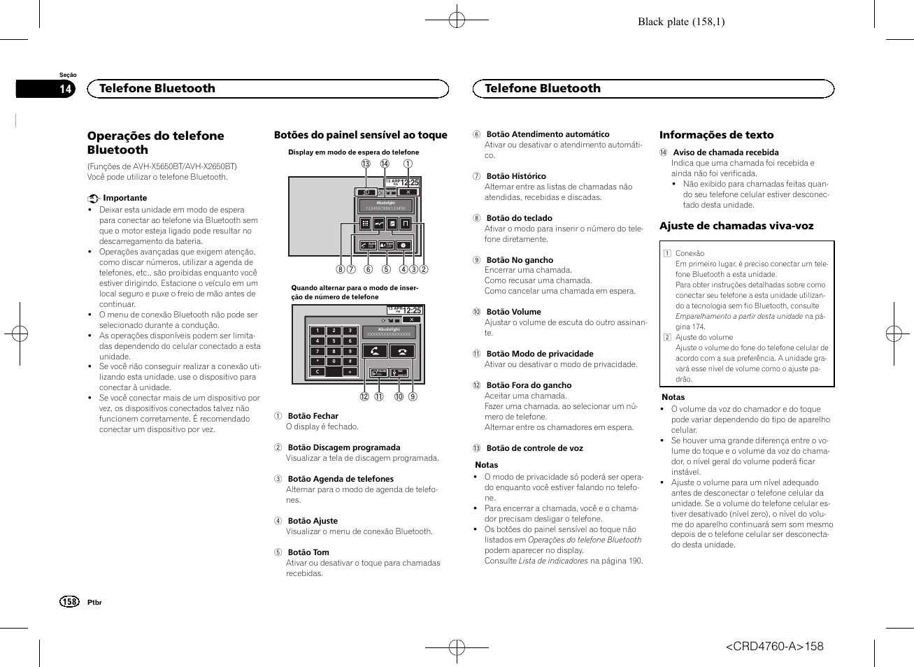 Telefone bluetooth operações do telefone bluetooth, Operações do telefone bluetooth, Telefone bluetooth | Black plate (158,1) | Pioneer AVH-X2650BT User Manual | Page 158 / 200