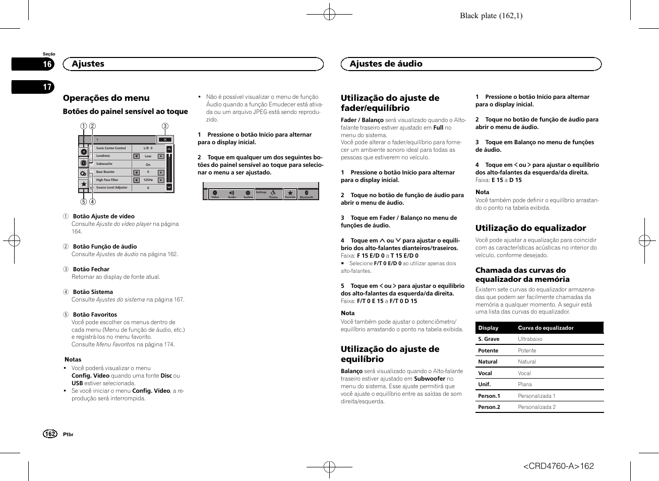 Ajustes operações do menu, Ajustes de áudio utilização do ajuste de fader, Equilíbrio | Utilização do ajuste de equilíbrio, Utilização do equalizador, Operações do menu, Utilização do ajuste de fader/equilíbrio, Ajustes, Ajustes de áudio | Pioneer AVH-X2650BT User Manual | Page 162 / 200