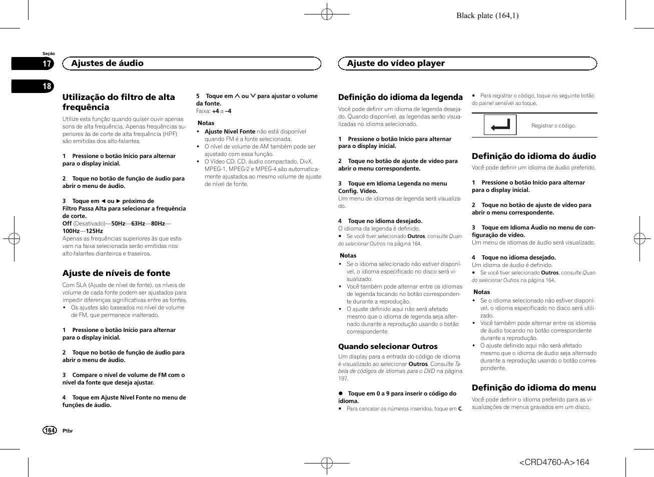 Utilização do filtro de alta, Frequência, Ajuste de níveis de fonte | Definição do idioma do áudio, Definição do idioma do menu, Utilização do filtro de alta frequência, Definição do idioma da legenda, Ajustes de áudio, Ajuste do vídeo player | Pioneer AVH-X2650BT User Manual | Page 164 / 200