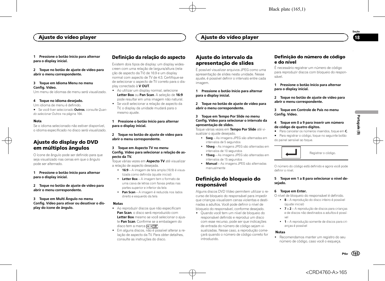 Ajuste do display do dvd em múltiplos, Ângulos, Definição da relação do aspecto | Ajuste do intervalo da apresentação de, Slides, Definição do bloqueio do, Responsável, Ajuste do display do dvd em múltiplos ângulos, Ajuste do intervalo da apresentação de slides, Definição do bloqueio do responsável | Pioneer AVH-X2650BT User Manual | Page 165 / 200