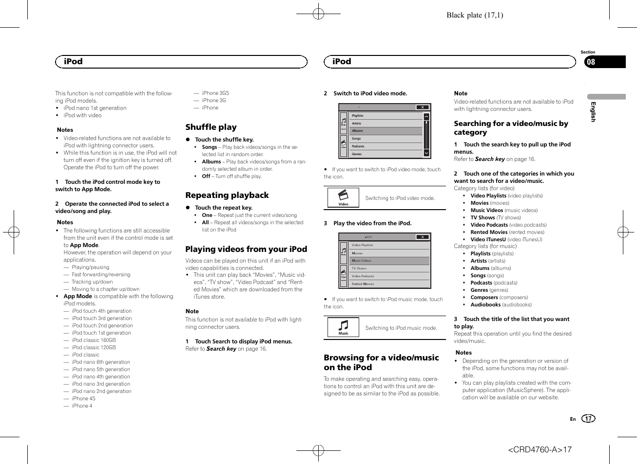 Shuffle play, Repeating playback, Playing videos from your ipod | Browsing for a video/music on the, Ipod, Browsing for a video/music on the ipod | Pioneer AVH-X2650BT User Manual | Page 17 / 200