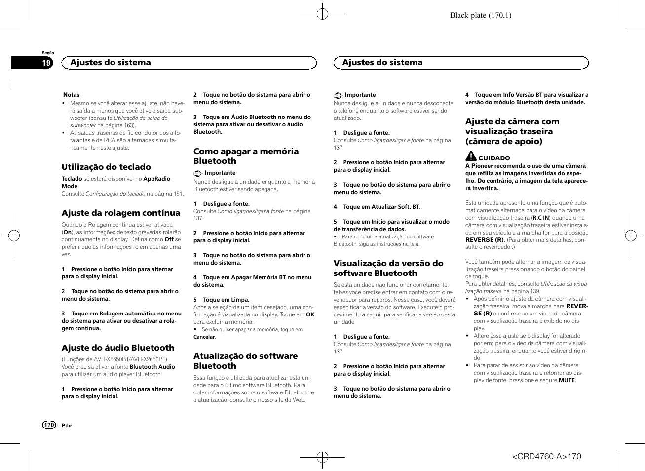 Utilização do teclado, Ajuste da rolagem contínua, Ajuste do áudio bluetooth | Como apagar a memória bluetooth, Atualização do software bluetooth, Visualização da versão do software, Bluetooth, Ajuste da câmera com visualização traseira, Câmera de apoio), Visualização da versão do software bluetooth | Pioneer AVH-X2650BT User Manual | Page 170 / 200