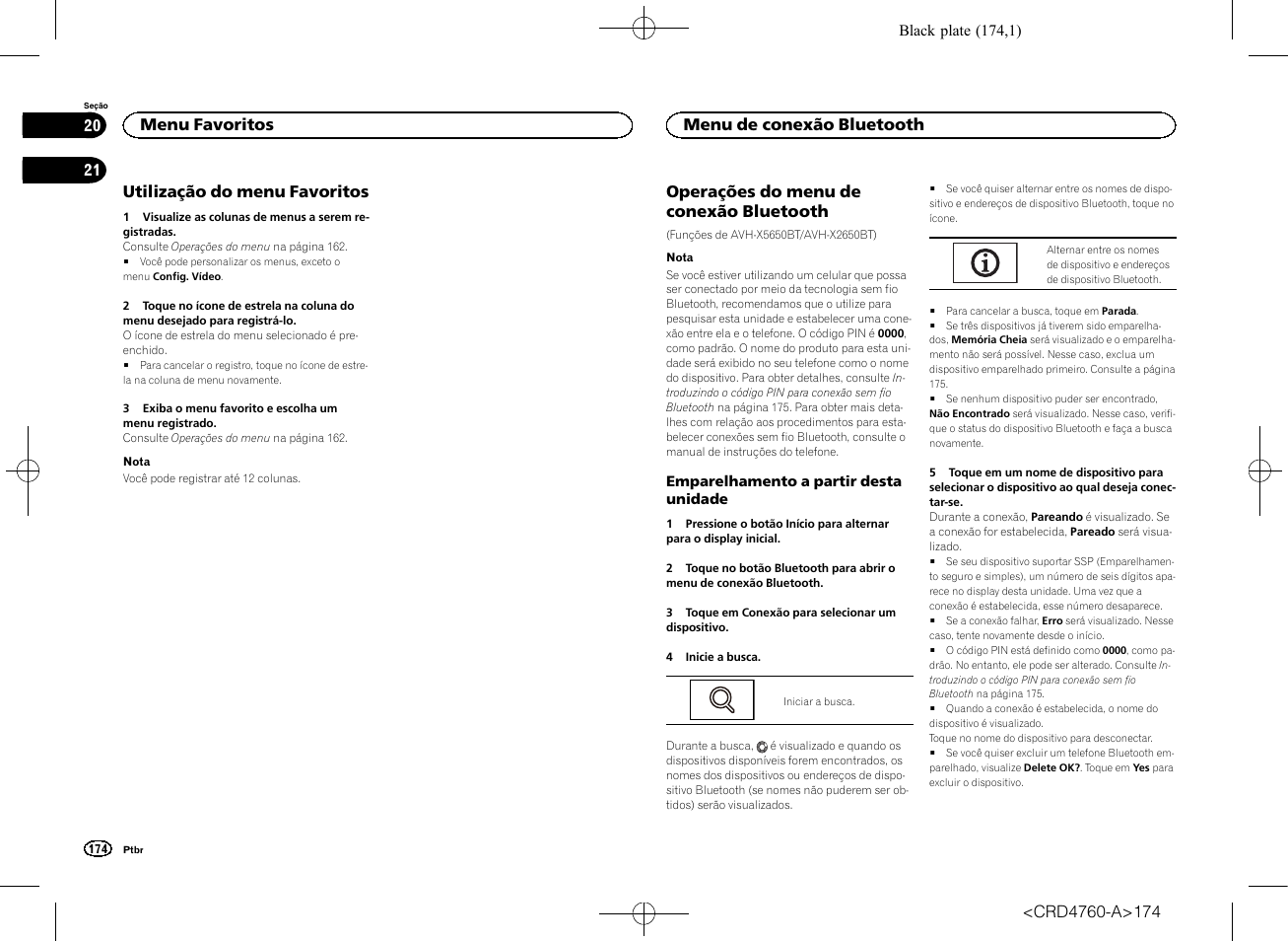 Menu favoritos utilização do menu favoritos, Bluetooth, Utilização do menu favoritos | Operações do menu de conexão bluetooth, Menu favoritos, Menu de conexão bluetooth | Pioneer AVH-X2650BT User Manual | Page 174 / 200