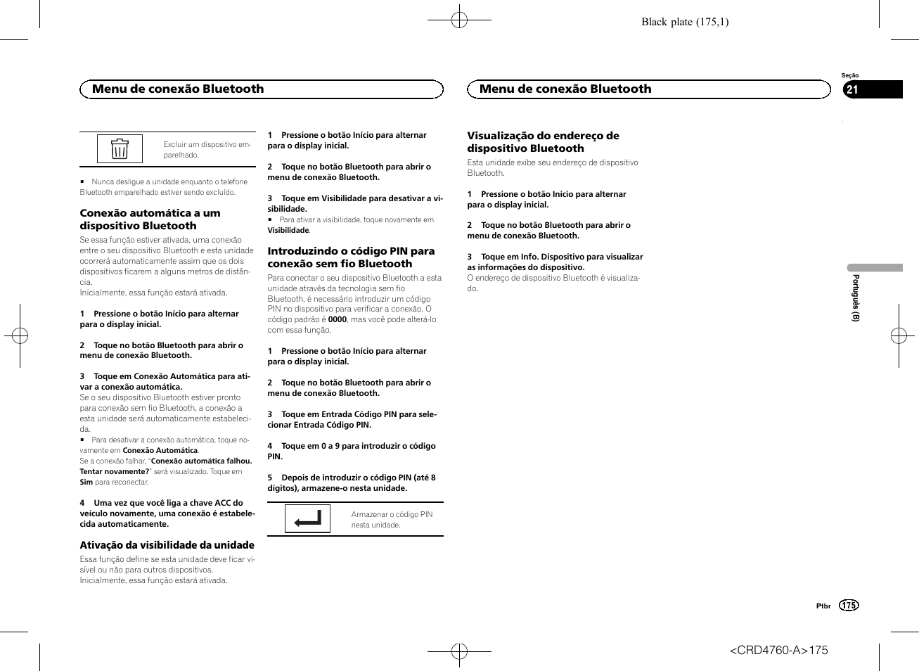 Menu de conexão bluetooth | Pioneer AVH-X2650BT User Manual | Page 175 / 200