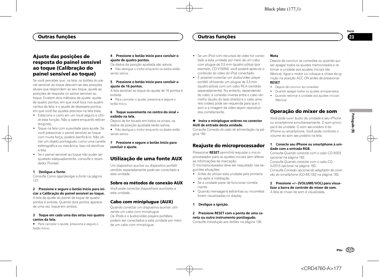 Utilização de uma fonte aux, Reajuste do microprocessador, Operação do mixer de som | Operação do mixer de som na pági- na 177, Outras funções | Pioneer AVH-X2650BT User Manual | Page 177 / 200