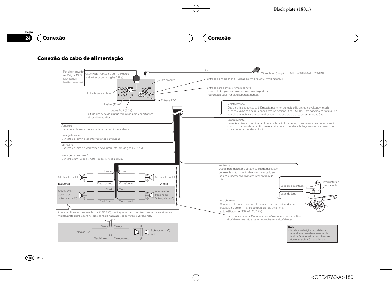 Conexão do cabo de alimentação, Conexão do cabo de alimentação na pá- gina 180, Conexão | Black plate (180,1) | Pioneer AVH-X2650BT User Manual | Page 180 / 200