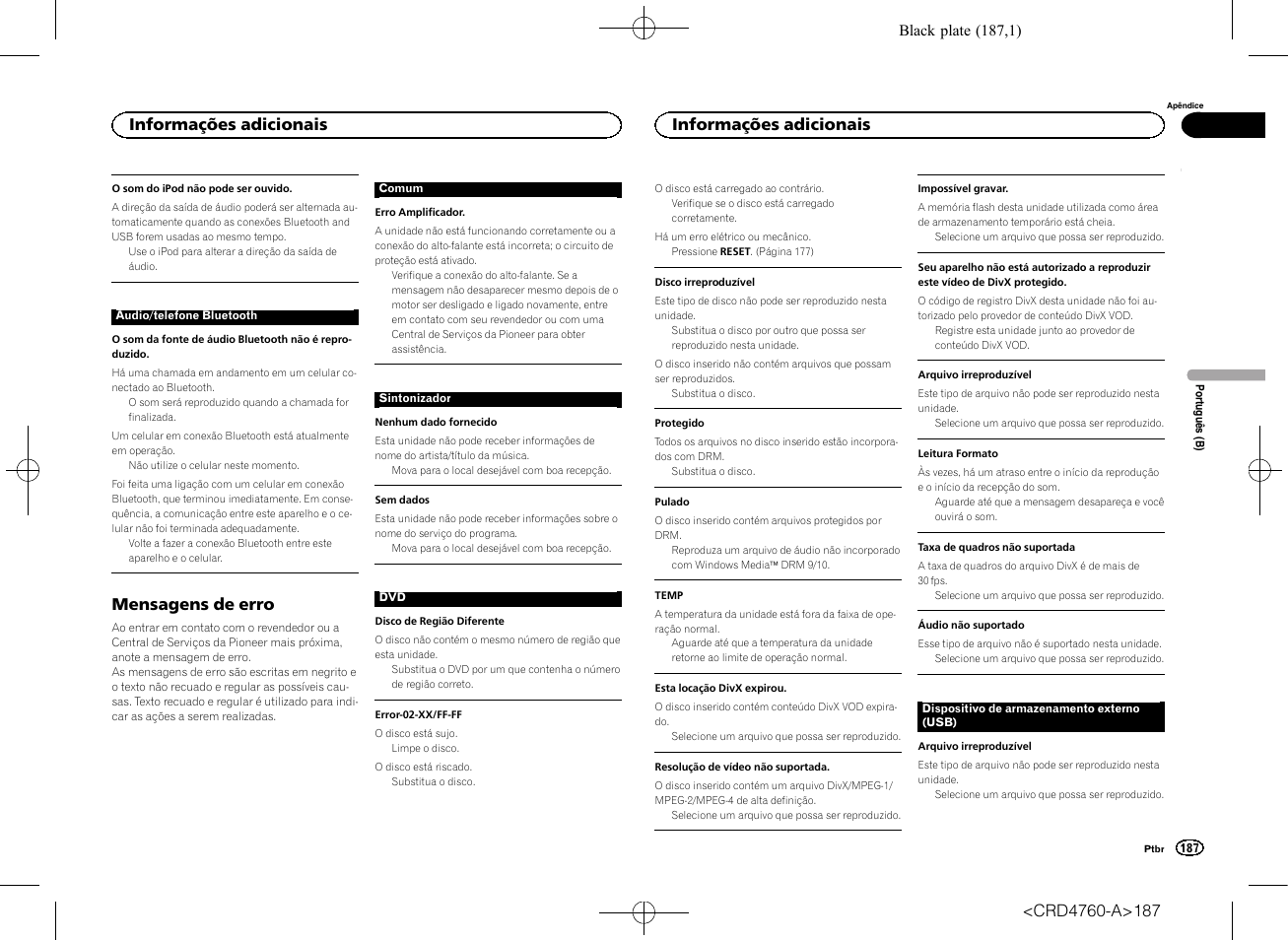 Mensagens de erro, Informações adicionais | Pioneer AVH-X2650BT User Manual | Page 187 / 200