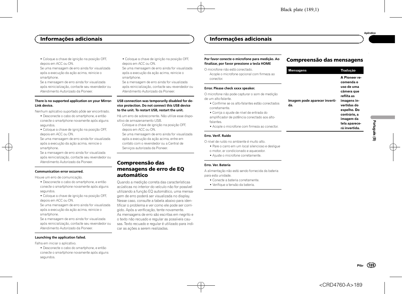 Compreensão das mensagens de erro de eq, Automático, Compreensão das mensagens | Compreensão das mensagens de erro de eq automático, Informações adicionais | Pioneer AVH-X2650BT User Manual | Page 189 / 200
