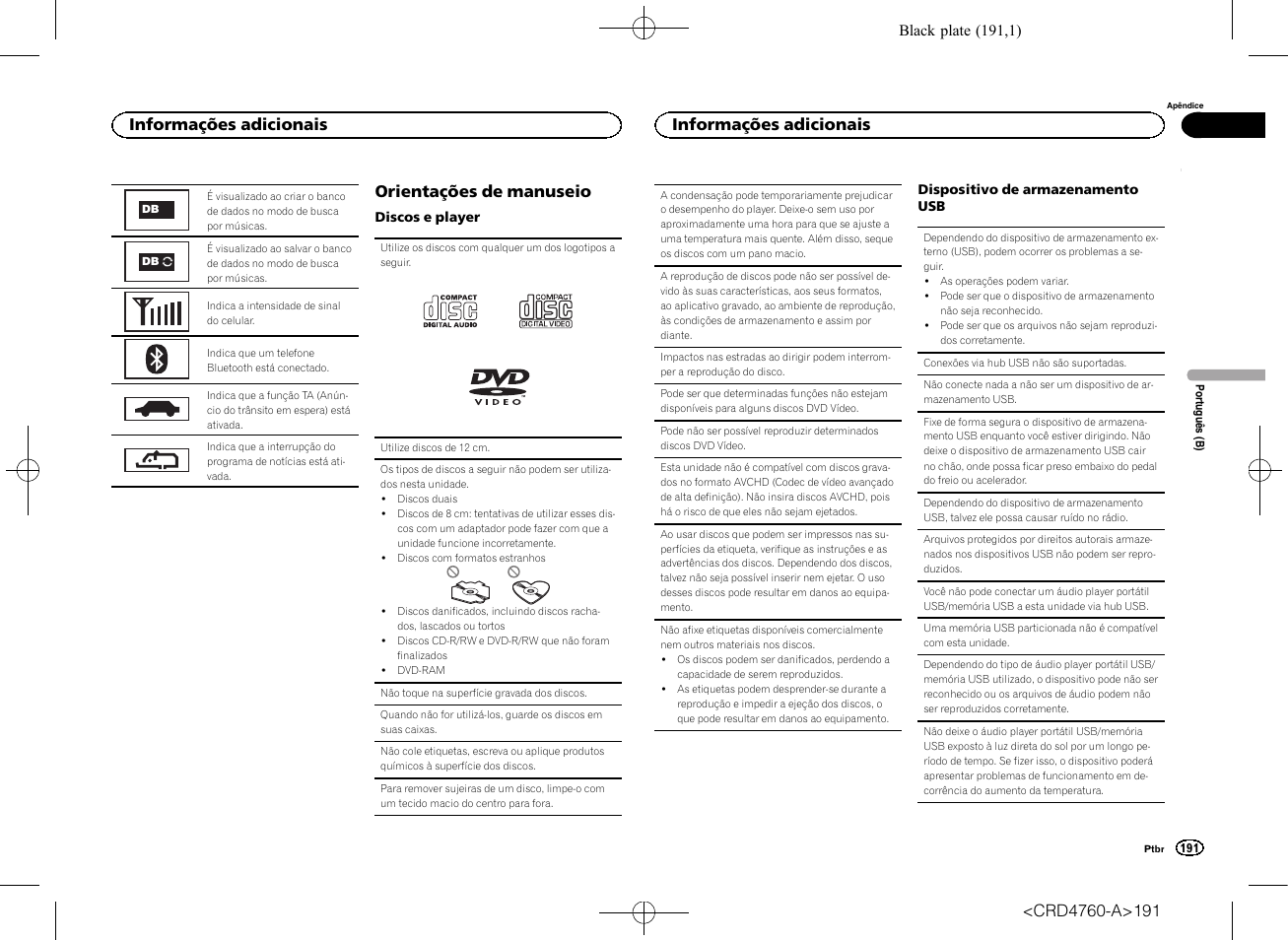 Orientações de manuseio, Informações adicionais | Pioneer AVH-X2650BT User Manual | Page 191 / 200