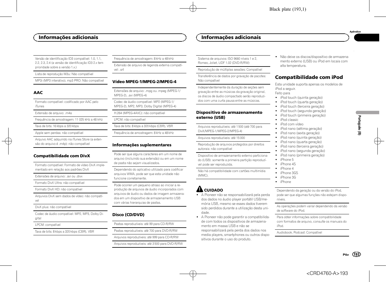 Compatibilidade com ipod, Informações adicionais | Pioneer AVH-X2650BT User Manual | Page 193 / 200