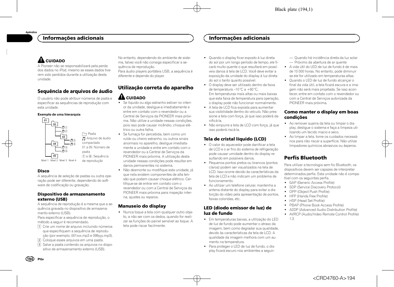 Sequência de arquivos de áudio, Utilização correta do aparelho, Perfis bluetooth | Informações adicionais | Pioneer AVH-X2650BT User Manual | Page 194 / 200