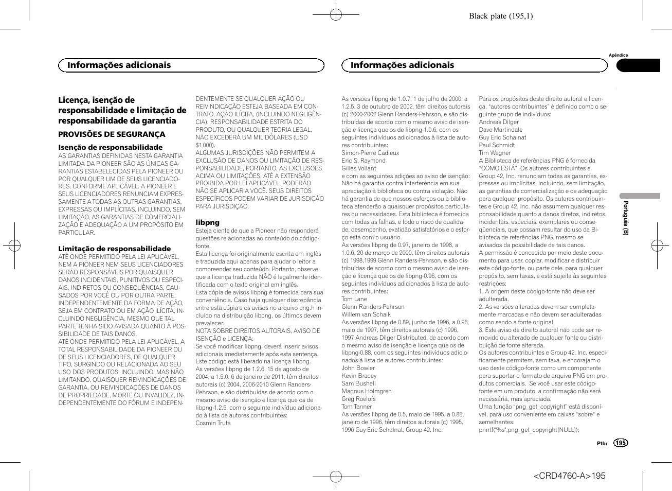 Licença, isenção de responsabilidade e, Limitação de responsabilidade da garantia | Pioneer AVH-X2650BT User Manual | Page 195 / 200