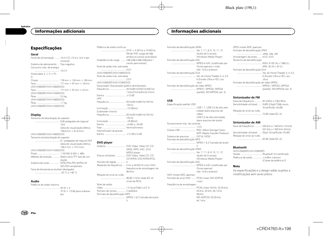 Especificações, Informações adicionais, Black plate (198,1) | Pioneer AVH-X2650BT User Manual | Page 198 / 200