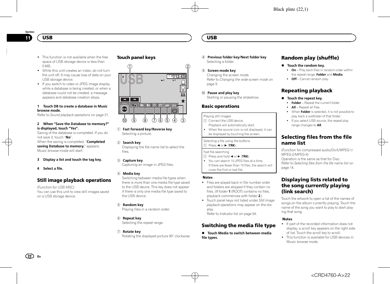 Still image playback operations, Switching the media file type, Random play (shuffle) | Repeating playback, Selecting files from the file name list, Displaying lists related to the song currently, Playing (link search) | Pioneer AVH-X2650BT User Manual | Page 22 / 200