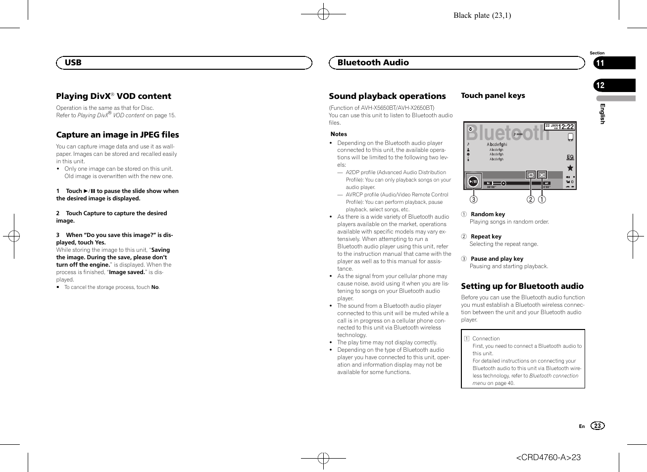 Playing divx, Â vod content, Capture an image in jpeg files | Bluetooth audio sound playback operations, Setting up for bluetooth audio, Bluetooth | Pioneer AVH-X2650BT User Manual | Page 23 / 200