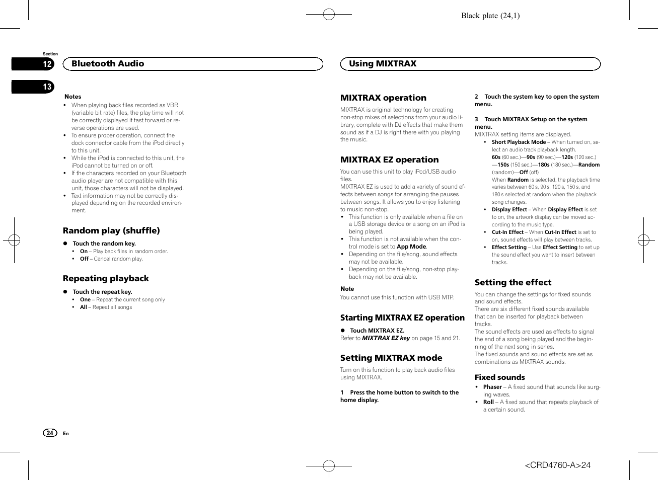 Random play (shuffle), Repeating playback, Using mixtrax mixtrax operation | Mixtrax ez operation, Starting mixtrax ez operation, Setting mixtrax mode, Setting the effect | Pioneer AVH-X2650BT User Manual | Page 24 / 200