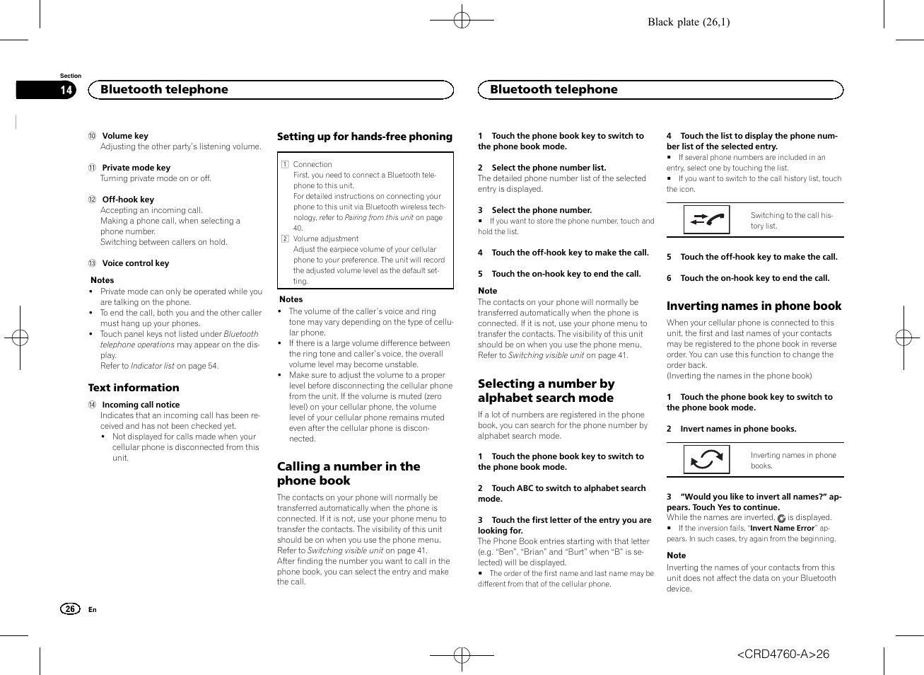 Calling a number in the phone book, Selecting a number by alphabet search, Mode | Inverting names in phone book, Selecting a number by alphabet search mode, Bluetooth telephone | Pioneer AVH-X2650BT User Manual | Page 26 / 200