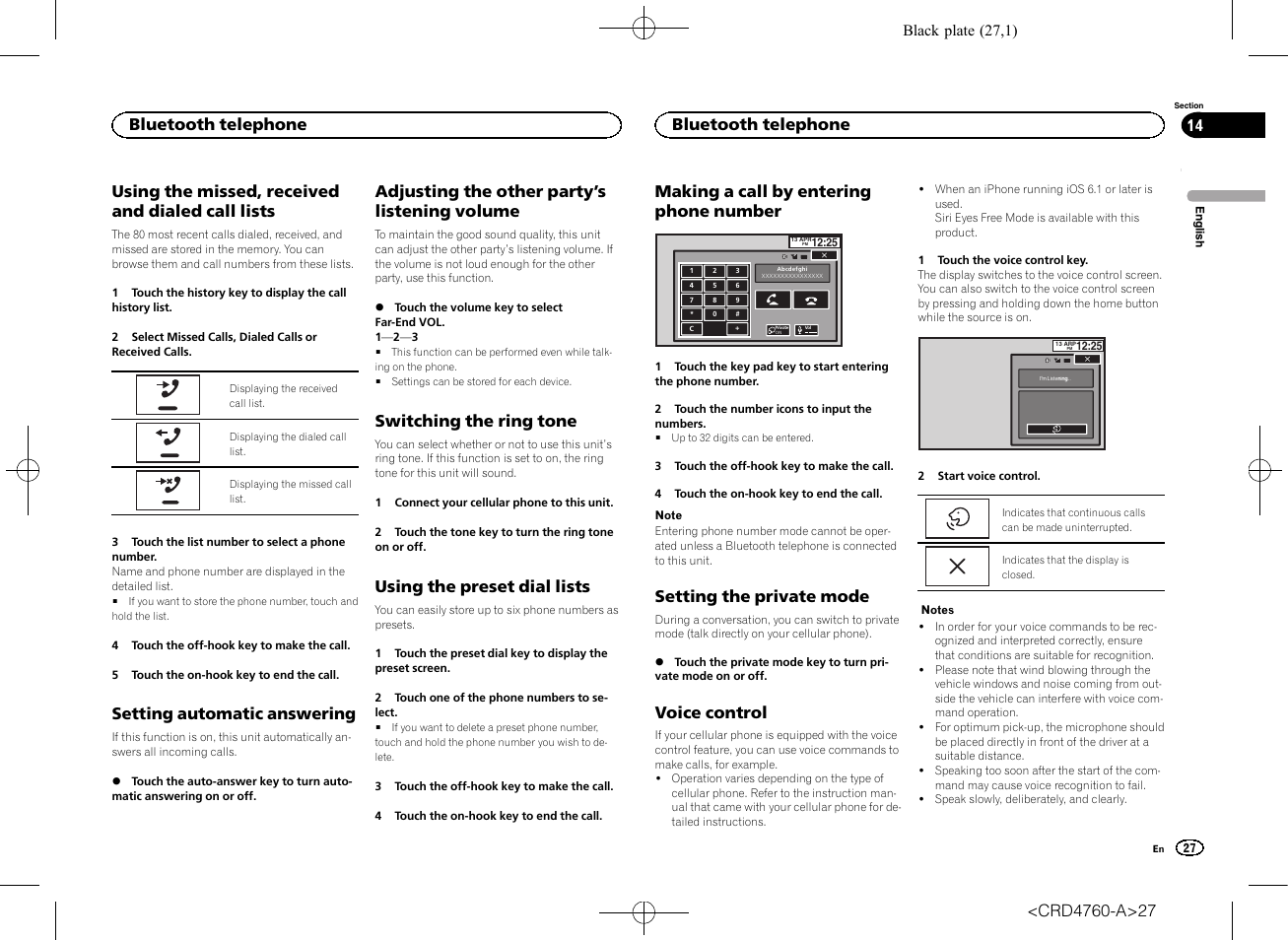 Using the missed, received and dialed call, Lists, Setting automatic answering | Adjusting the other party, S listening, Volume, Switching the ring tone, Using the preset dial lists, Making a call by entering phone, Number | Pioneer AVH-X2650BT User Manual | Page 27 / 200