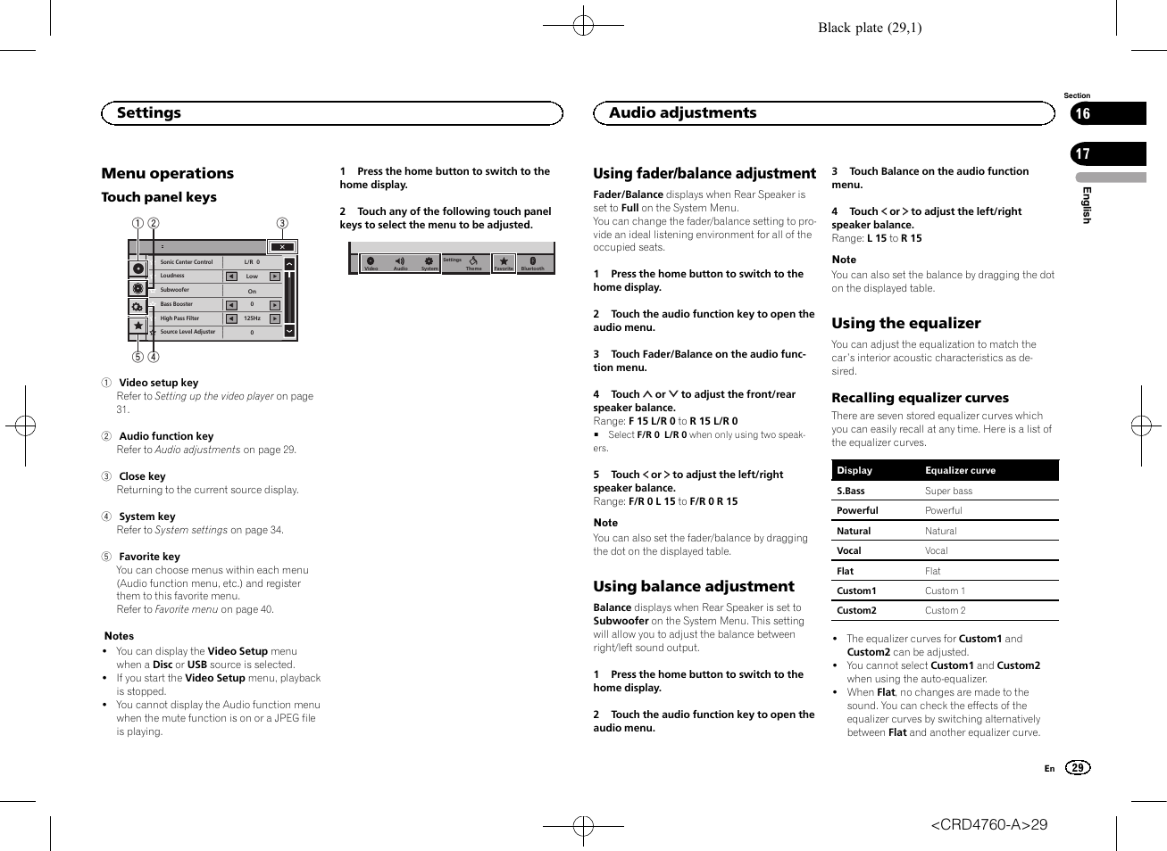 Settings menu operations, Audio adjustments using fader/balance adjustment, Using balance adjustment | Using the equalizer, Menu operations, Using fader/balance adjustment, Settings, Audio adjustments | Pioneer AVH-X2650BT User Manual | Page 29 / 200