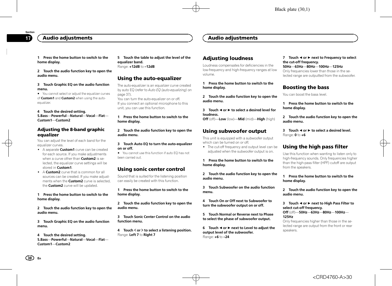 Using the auto-equalizer, Using sonic center control, Adjusting loudness | Using subwoofer output, Boosting the bass, Using the high pass filter, Audio adjustments | Pioneer AVH-X2650BT User Manual | Page 30 / 200