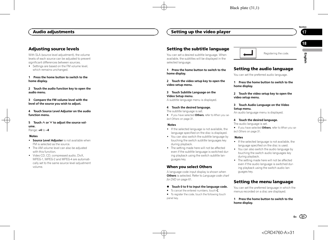 Adjusting source levels, Setting the audio language, Setting the menu language | Setting the subtitle language, Audio adjustments, Setting up the video player | Pioneer AVH-X2650BT User Manual | Page 31 / 200