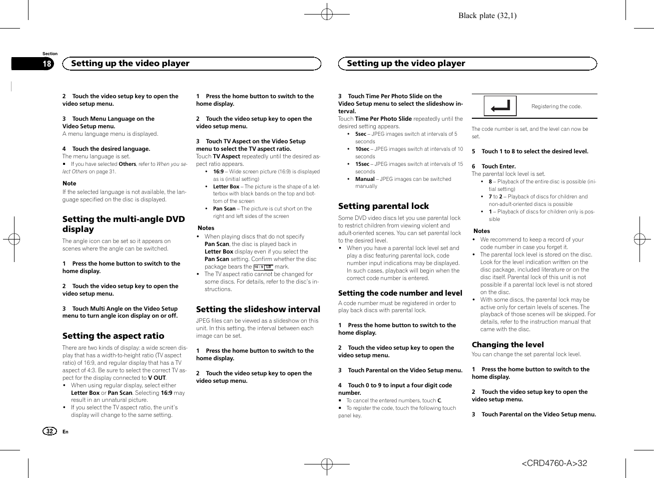 Setting the multi-angle dvd display, Setting the aspect ratio, Setting the slideshow interval | Setting parental lock, Setting up the video player | Pioneer AVH-X2650BT User Manual | Page 32 / 200