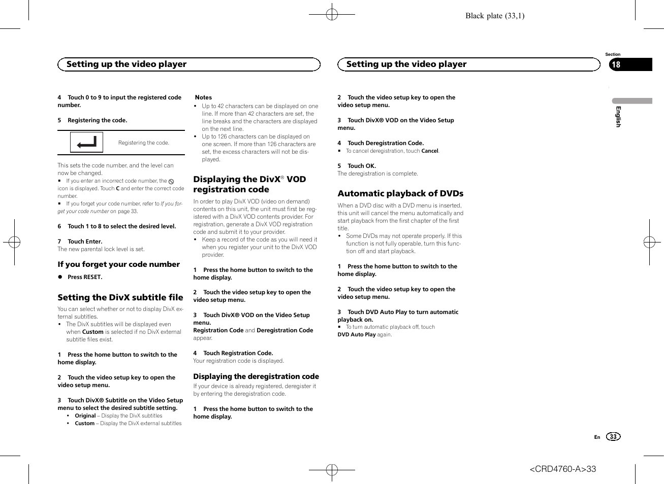 Setting the divx subtitle file, Displaying the divx, Â vod registration | Code, Automatic playback of dvds, Vod registration code, Setting up the video player | Pioneer AVH-X2650BT User Manual | Page 33 / 200