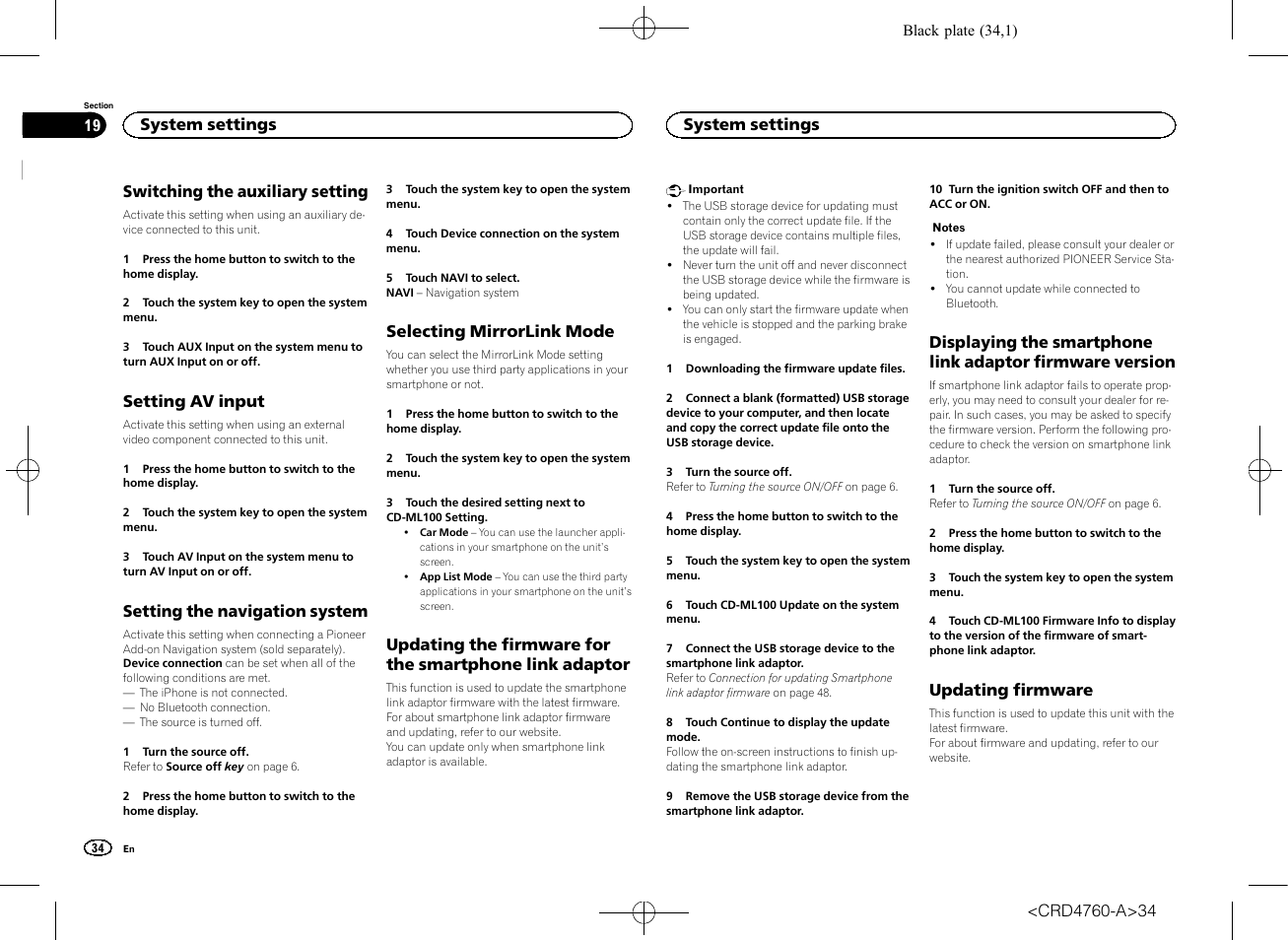 System settings switching the auxiliary setting, Setting av input, Setting the navigation system | Selecting mirrorlink mode, Updating the firmware for the smartphone, Link adaptor, Displaying the smartphone link adaptor, Firmware version, Updating firmware, Switching the auxiliary setting | Pioneer AVH-X2650BT User Manual | Page 34 / 200