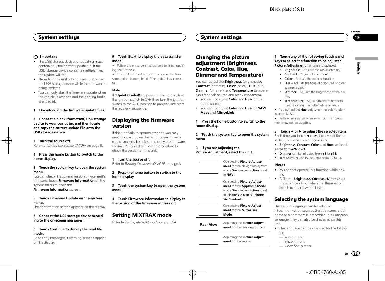 Displaying the firmware version, Setting mixtrax mode, Changing the picture adjustment | Selecting the system language, Navi, Apps, Source, System settings | Pioneer AVH-X2650BT User Manual | Page 35 / 200