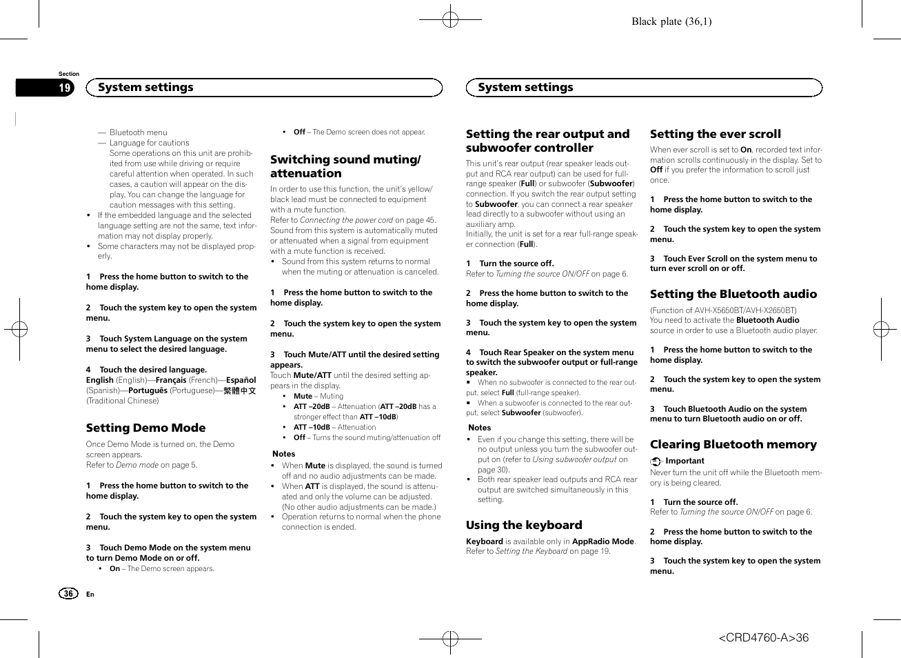 Setting demo mode, Switching sound muting/attenuation, Setting the rear output and subwoofer | Controller, Using the keyboard, Setting the ever scroll, Setting the bluetooth audio, Clearing bluetooth memory, Switching sound muting/ attenuation, Setting the rear output and subwoofer controller | Pioneer AVH-X2650BT User Manual | Page 36 / 200