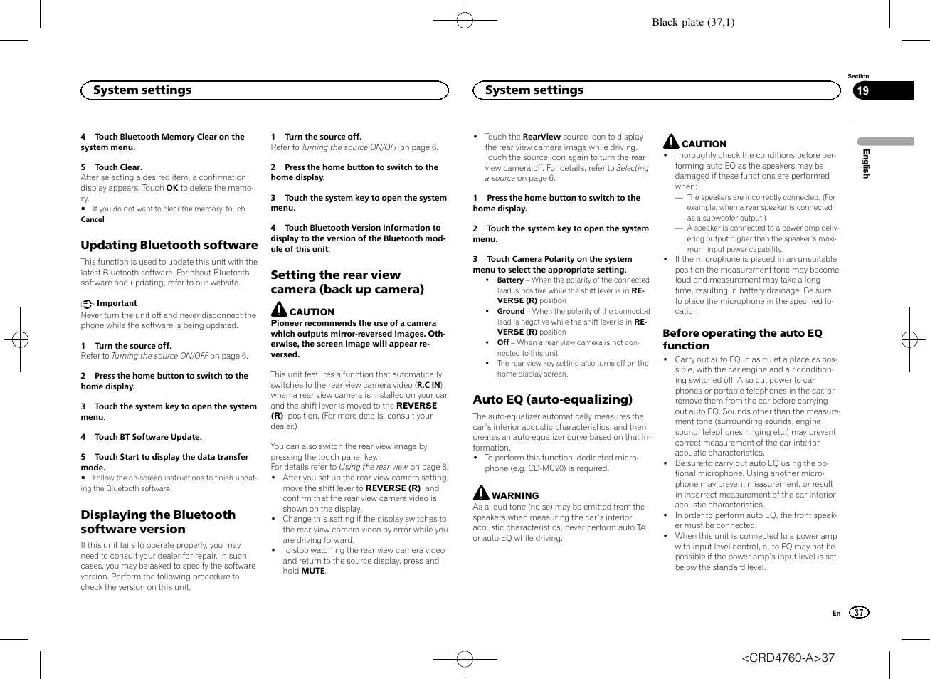 Updating bluetooth software, Displaying the bluetooth software, Version | Setting the rear view camera (back up, Camera), Auto eq (auto-equalizing), Displaying the bluetooth software version, Setting the rear view camera (back up camera), System settings | Pioneer AVH-X2650BT User Manual | Page 37 / 200