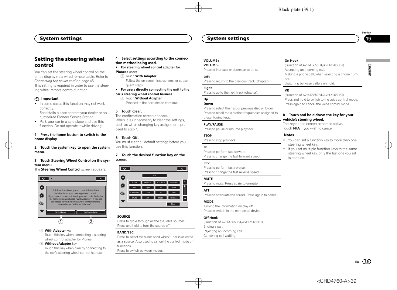 Setting the steering wheel control, System settings, Black plate (39,1) | Pioneer AVH-X2650BT User Manual | Page 39 / 200