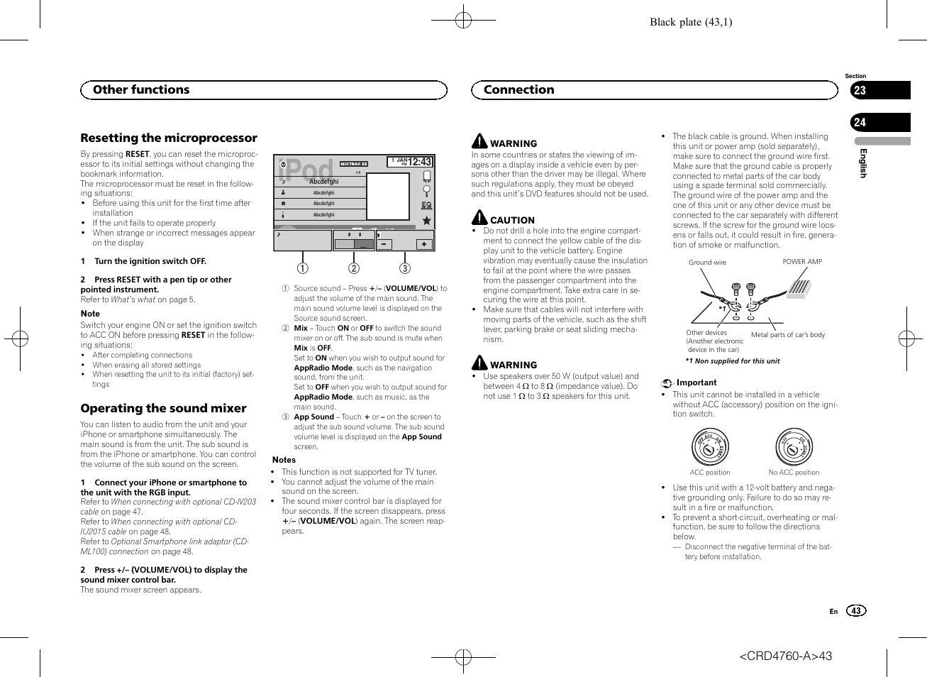 Resetting the microprocessor, Operating the sound mixer, Connection | Ipod, Other functions, Black plate (43,1) | Pioneer AVH-X2650BT User Manual | Page 43 / 200