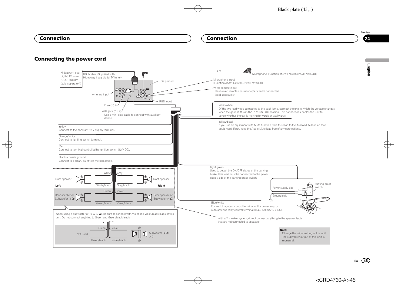 Connecting the power cord, Connection, Black plate (45,1) | Pioneer AVH-X2650BT User Manual | Page 45 / 200