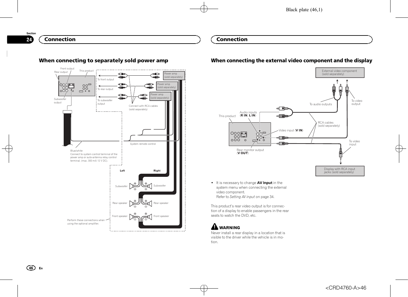 When connecting to separately sold power, When connecting the external video, Component and the display | When connecting to separately sold power amp, Connection, Black plate (46,1) | Pioneer AVH-X2650BT User Manual | Page 46 / 200