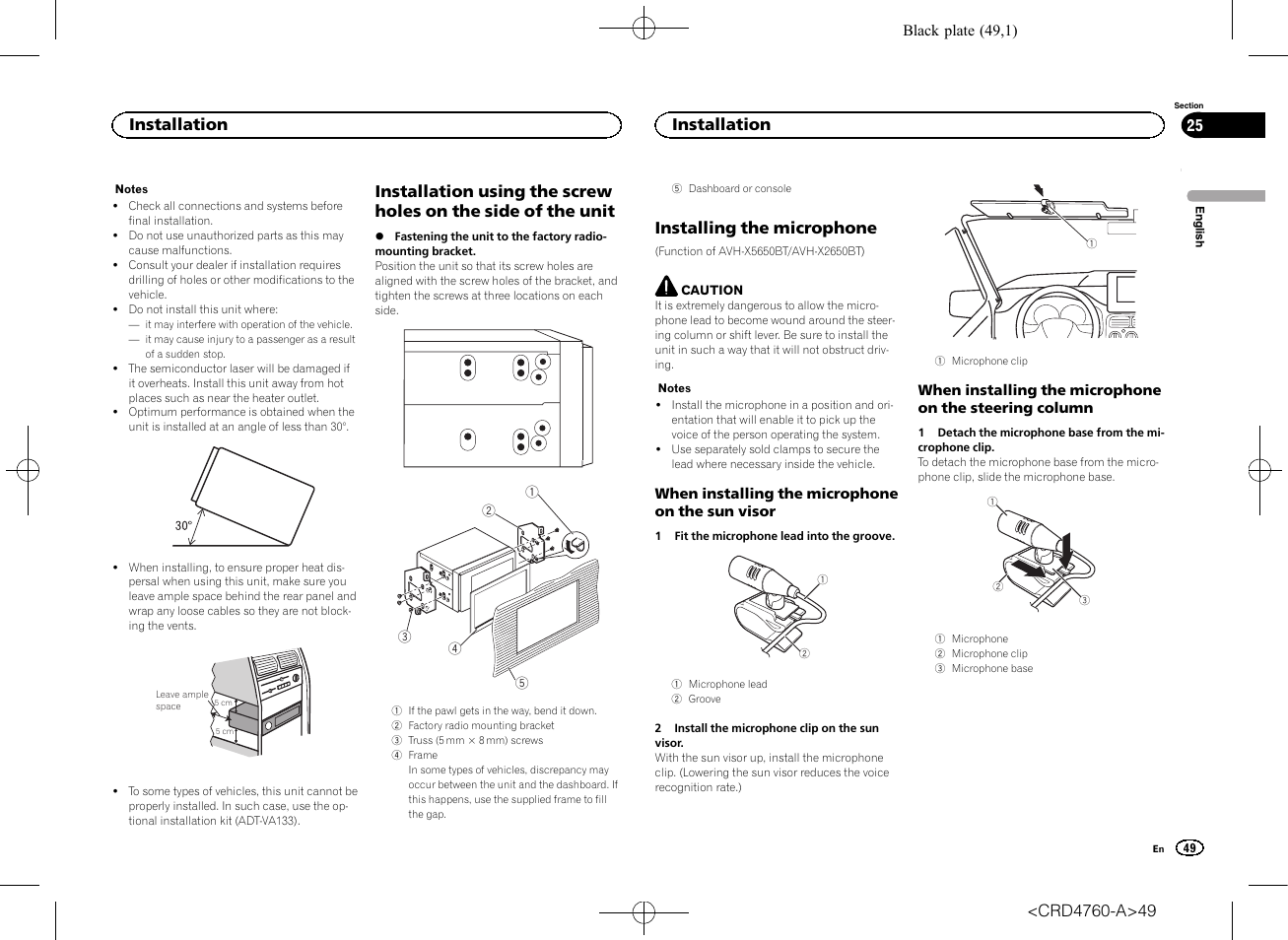 Side of the unit, Installing the microphone, Installation | Pioneer AVH-X2650BT User Manual | Page 49 / 200