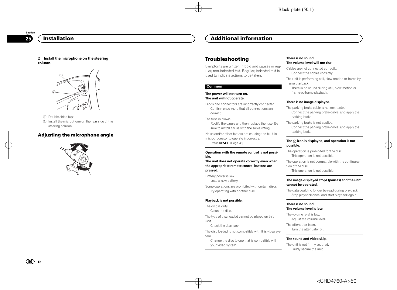 Additional information troubleshooting, Troubleshooting, Installation | Additional information | Pioneer AVH-X2650BT User Manual | Page 50 / 200