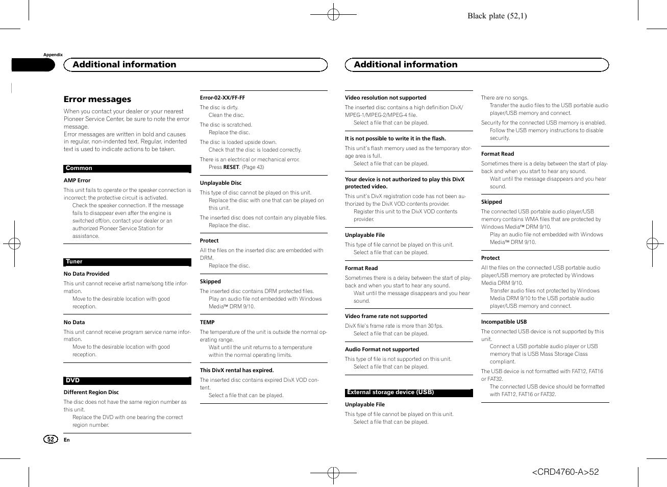 Error messages, Additional information | Pioneer AVH-X2650BT User Manual | Page 52 / 200