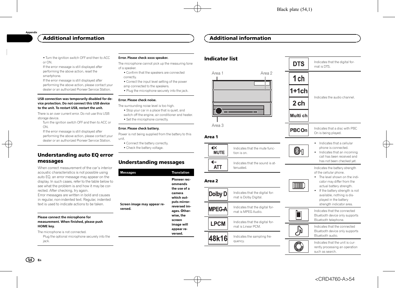 Understanding auto eq error, Messages, Understanding messages | Indicator list | Pioneer AVH-X2650BT User Manual | Page 54 / 200