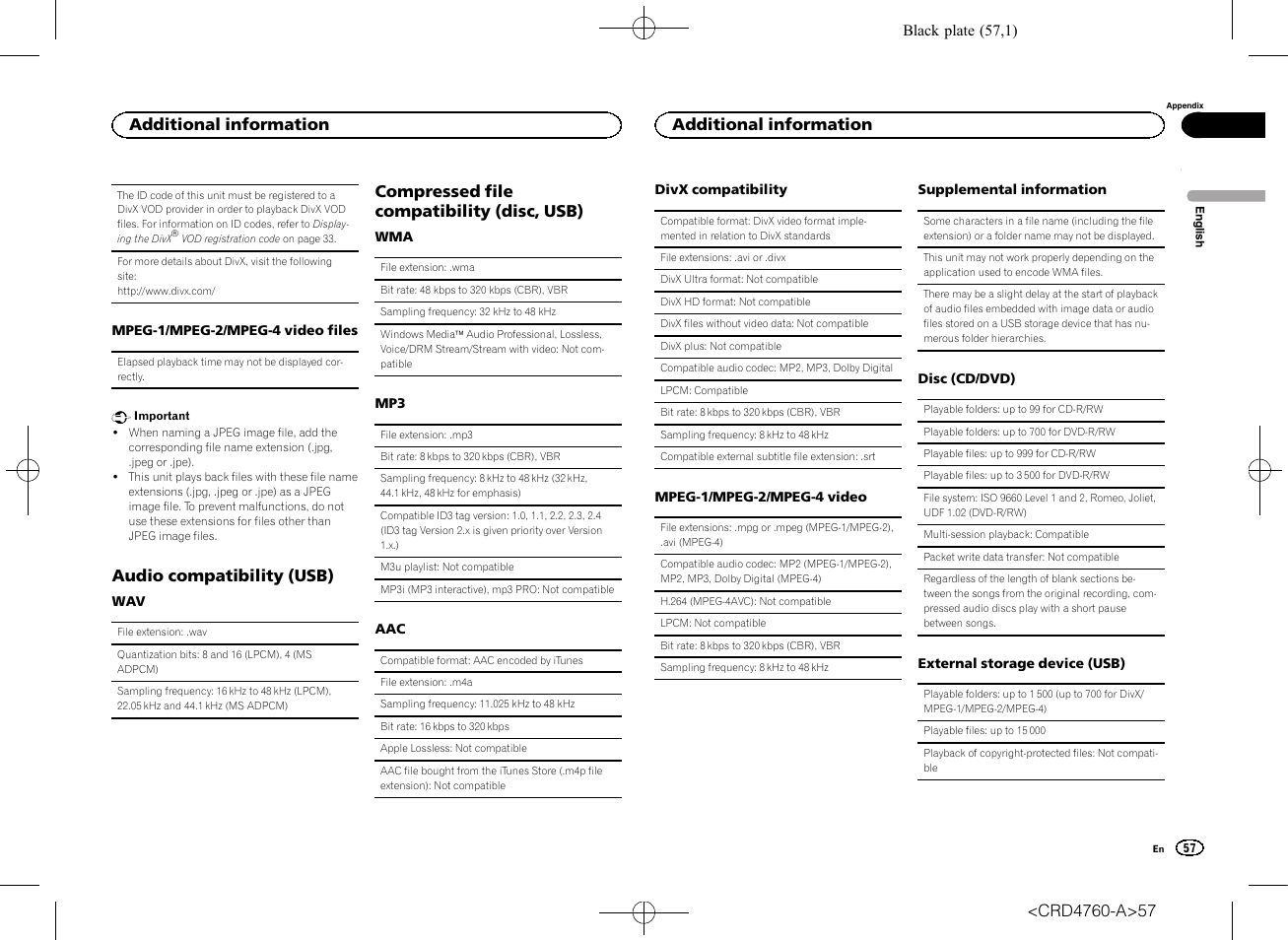 Audio compatibility (usb), Compressed file compatibility (disc, Usb) | Compressed file compatibility (disc, usb), Additional information | Pioneer AVH-X2650BT User Manual | Page 57 / 200