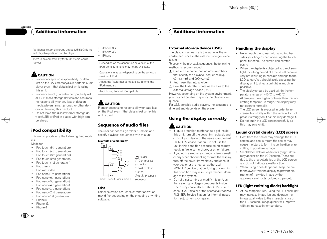 Ipod compatibility, Sequence of audio files, Using the display correctly | Additional information | Pioneer AVH-X2650BT User Manual | Page 58 / 200