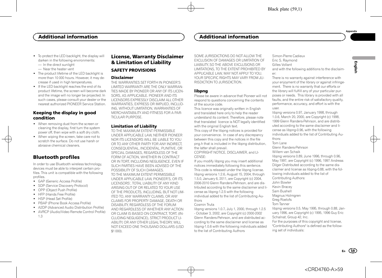 Bluetooth profiles, License, warranty disclaimer & limitation of, Liability | Pioneer AVH-X2650BT User Manual | Page 59 / 200