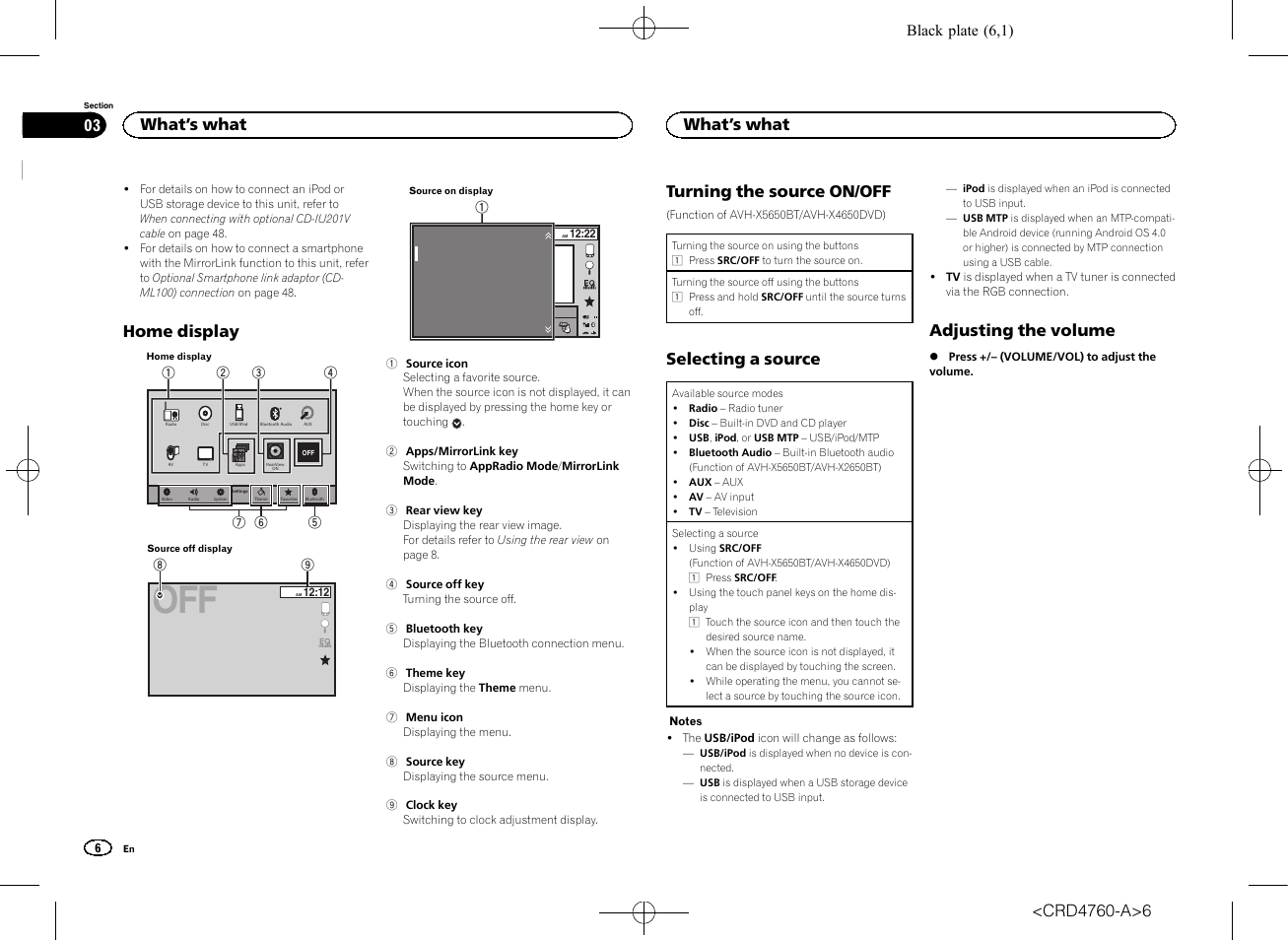 Home display, Turning the source on/off, Selecting a source | Adjusting the volume, Radio disc ipod bluetooth audio aux av, What ’s what | Pioneer AVH-X2650BT User Manual | Page 6 / 200
