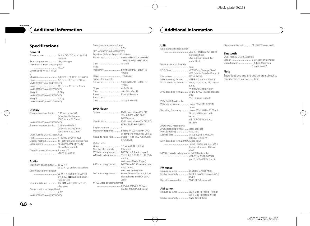 Specifications, Additional information, Black plate (62,1) | Pioneer AVH-X2650BT User Manual | Page 62 / 200